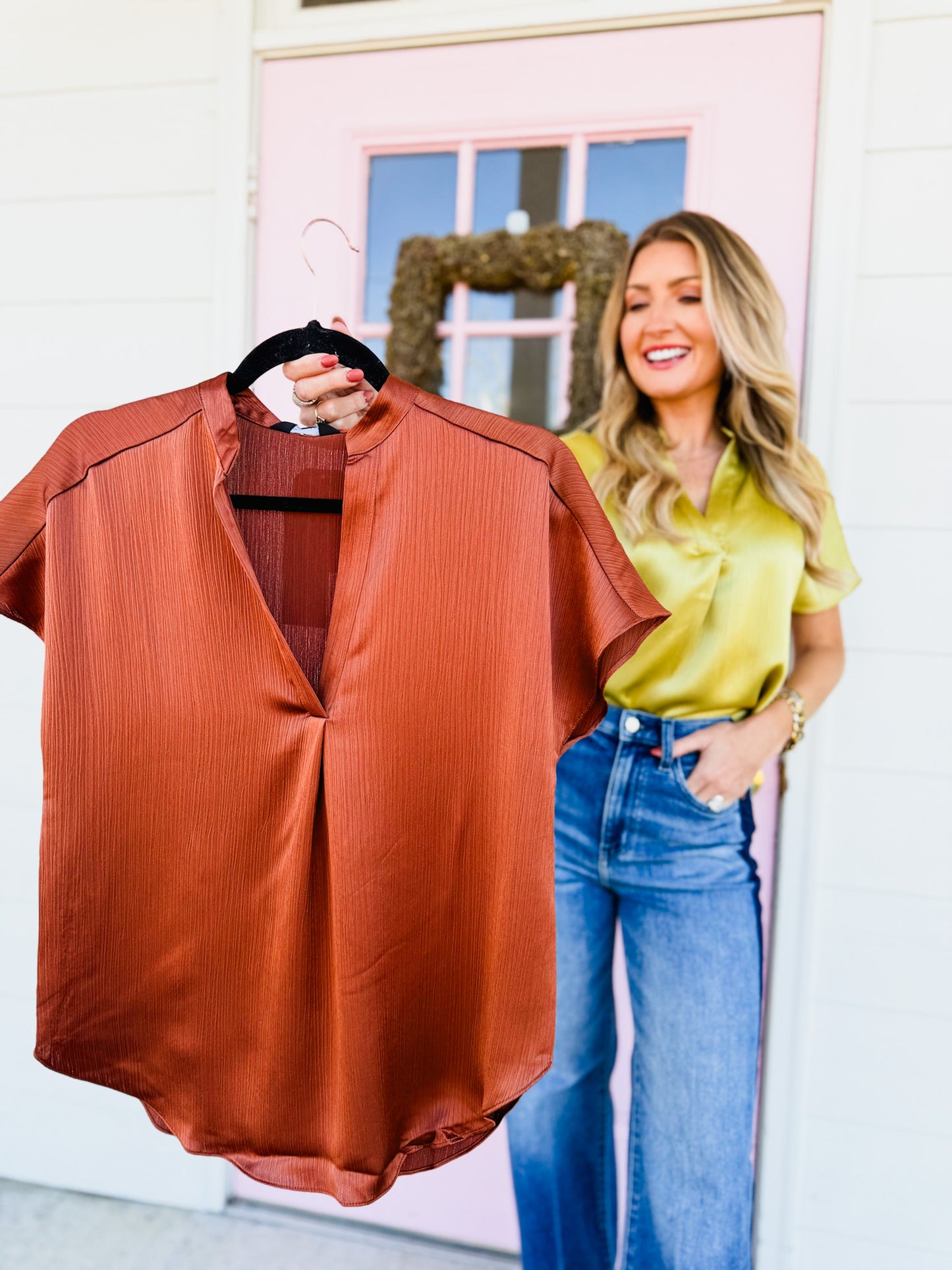 Chart Topper Drop Shoulder Blouse In Crinkle Satin - Brown