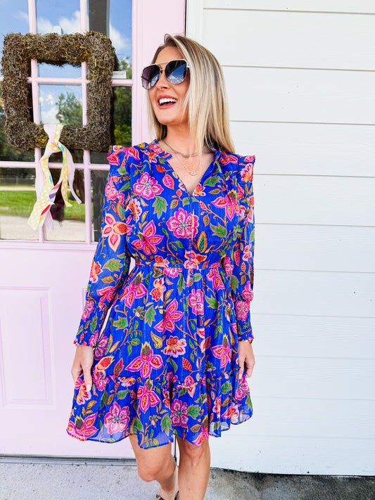 Wendey Floral Ruffle Chiffon Dress - Blue Multi