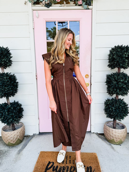 Who's She Zip Front Cap Sleeve Midi Dress - Brown