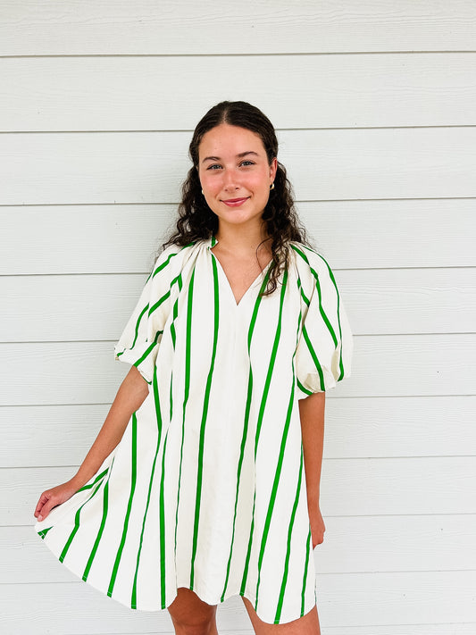 No Problems Here Puff Sleeve Striped Shift Dress - Kelly Green