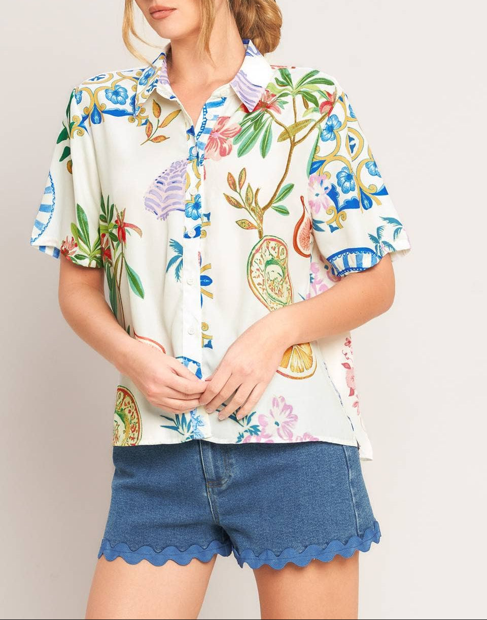 No Excuses Collared Printed Top - Off White