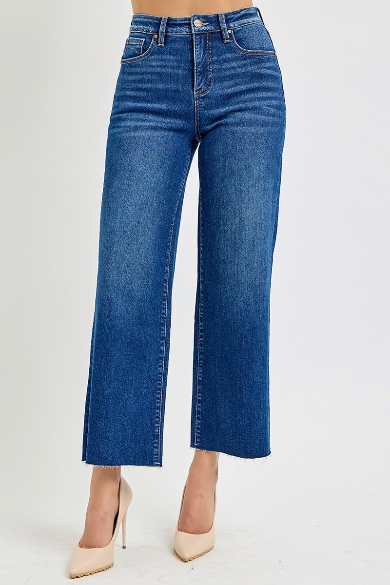 Risen High Rise Tummy Control Crop Wide Leg Jean - Dark