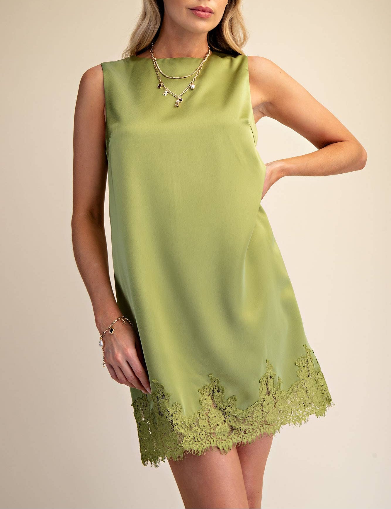 Be Real Round Neck Sleeveless Lace Detail Satin Shift Dress - Olive