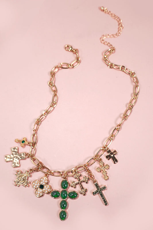 Multi Cross Charm Necklace - Green