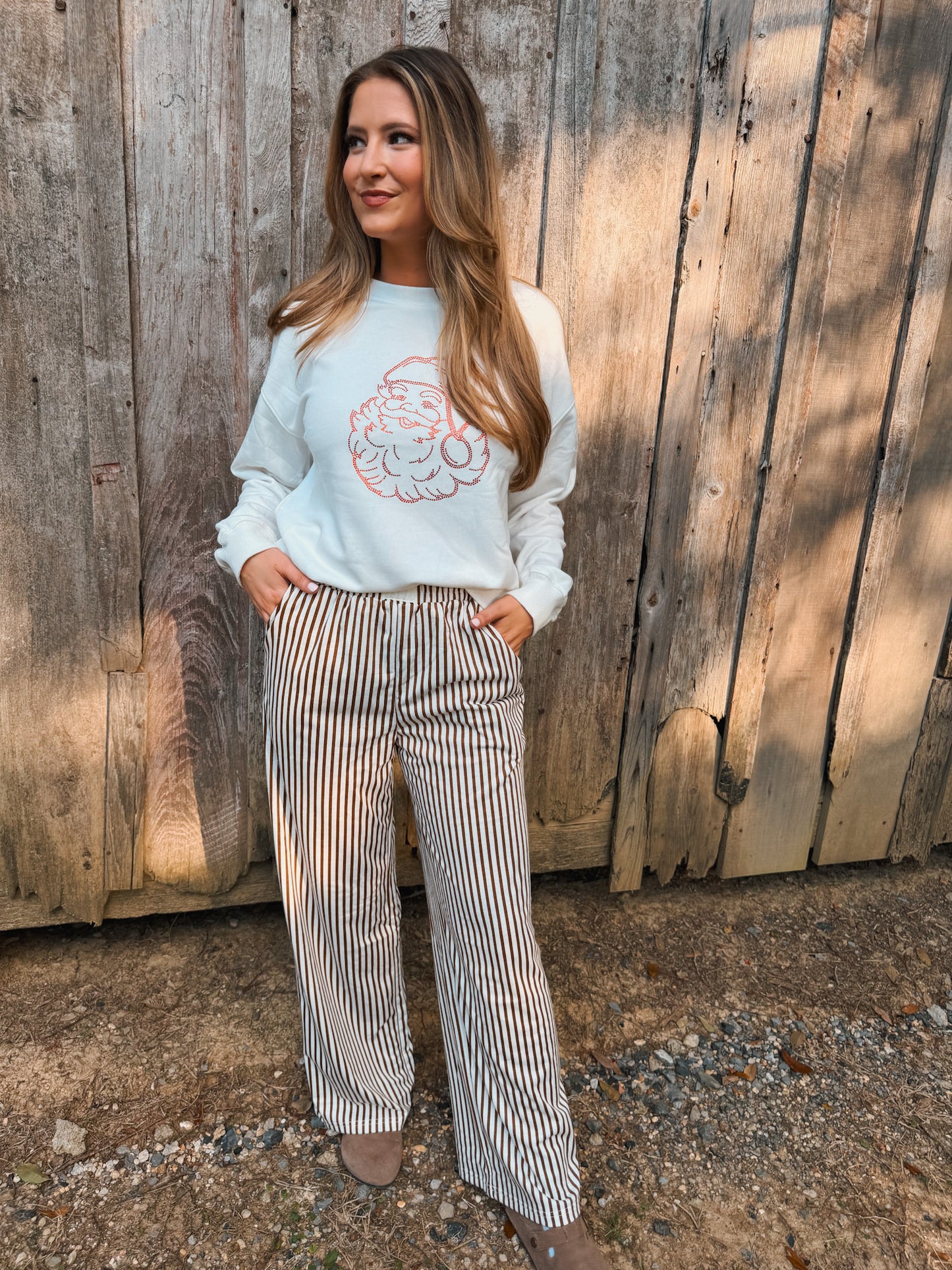 Striped Elastic High Waist Pants - Brown