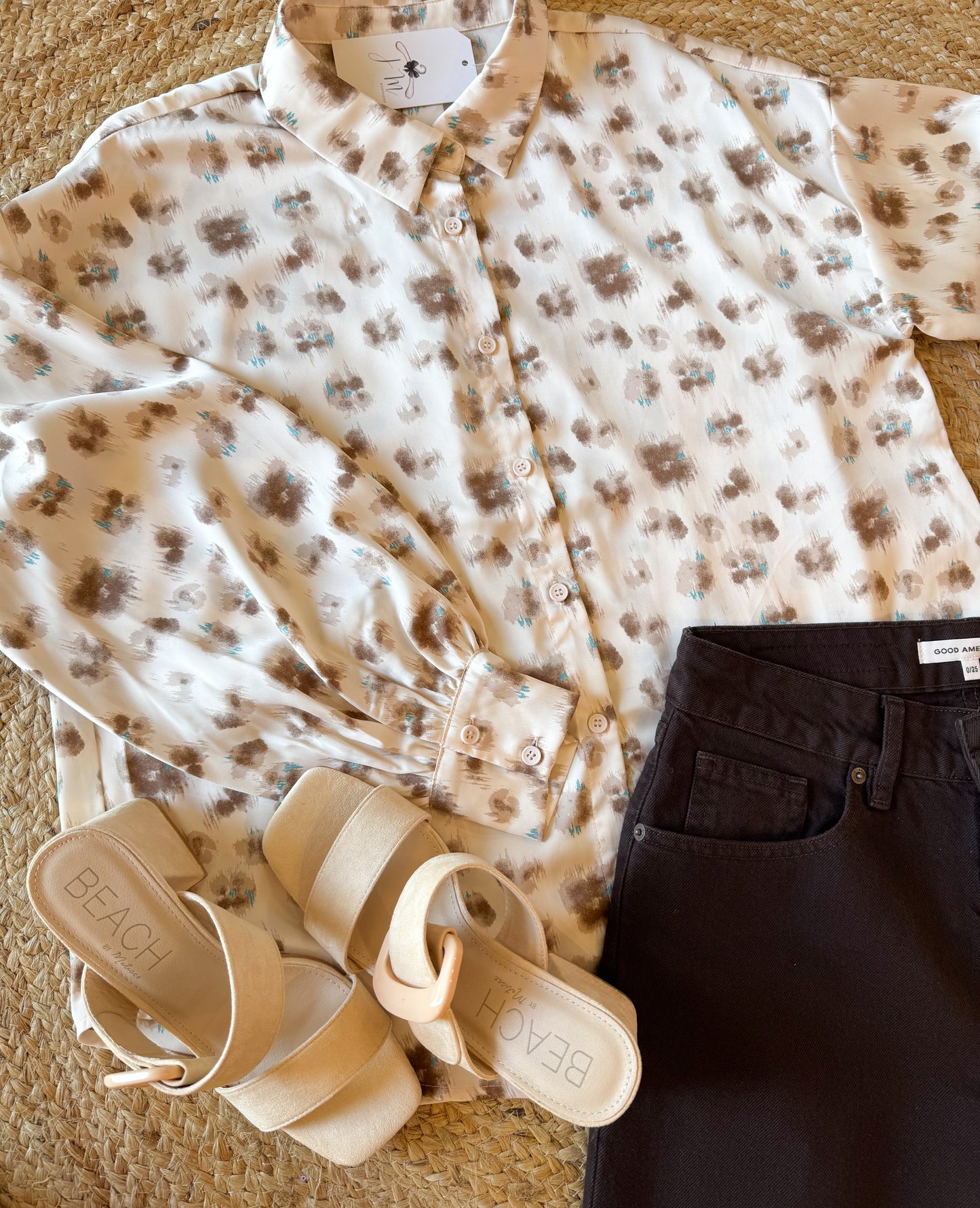 Before You Abstract Print Satin Button Down Top - Cream/Brown