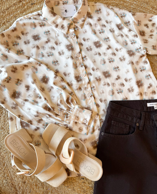 Before You Abstract Print Satin Button Down Top - Cream/Brown
