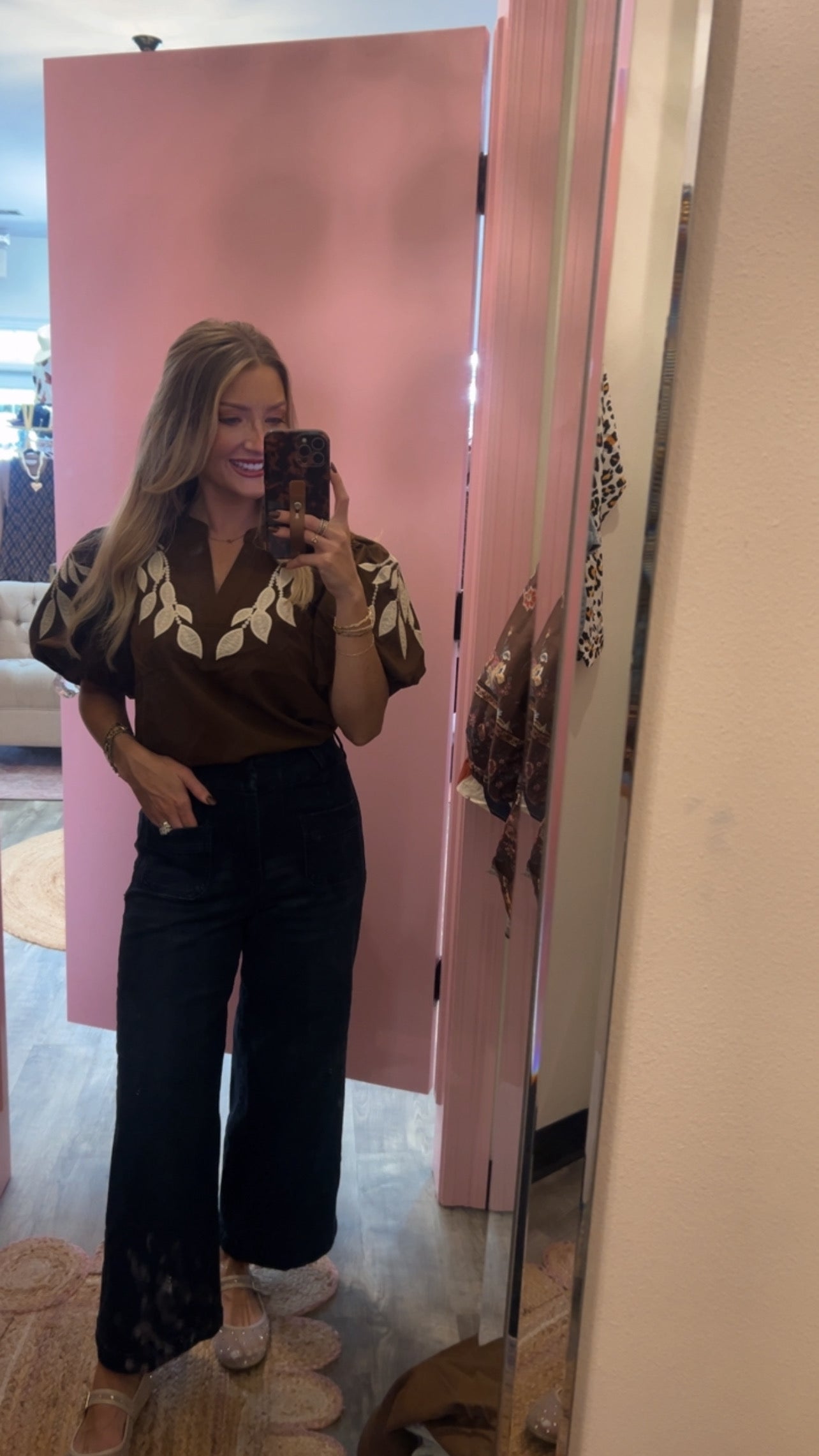 Take Cover Leaf Embroidered Puffed Sleeve Top - Brown