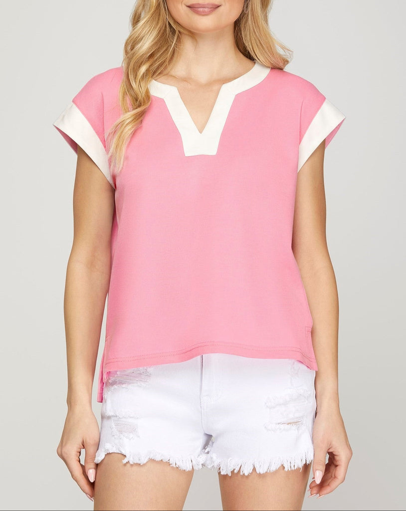 What A Cutie Drop Shoulder Contrast Top - Candy Pink