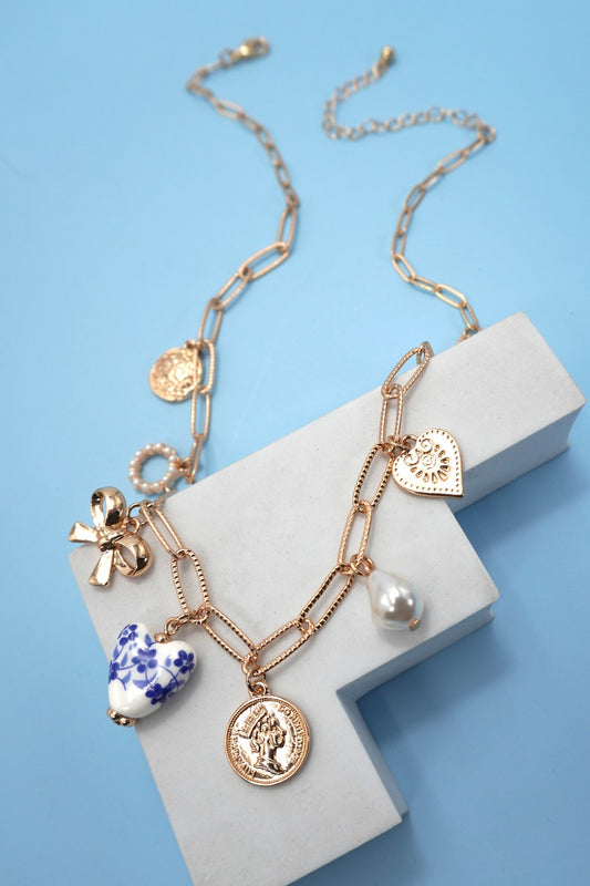 Ceramic Porcelain Bow Heart Charm Necklace - Blue