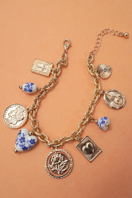 Ceramic Porcelain Coin Cross Charm Bracelet - Blue