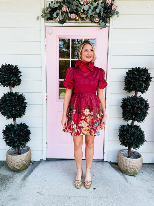 The Moment 3D Floral High Neck Dress - Burgundy