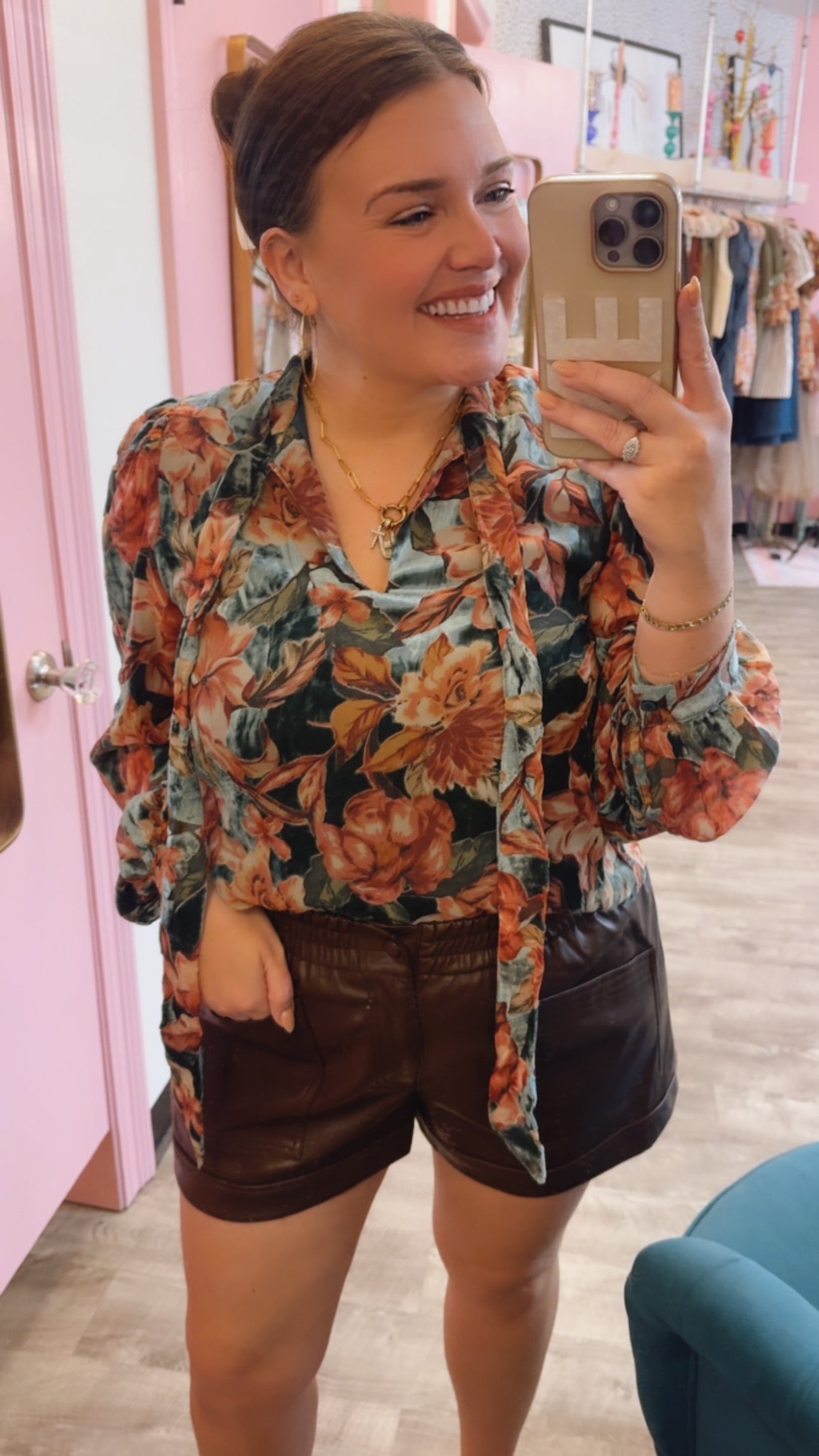 Scarlette Burnout Velvet Tied Neck Blouse - Teal Multi
