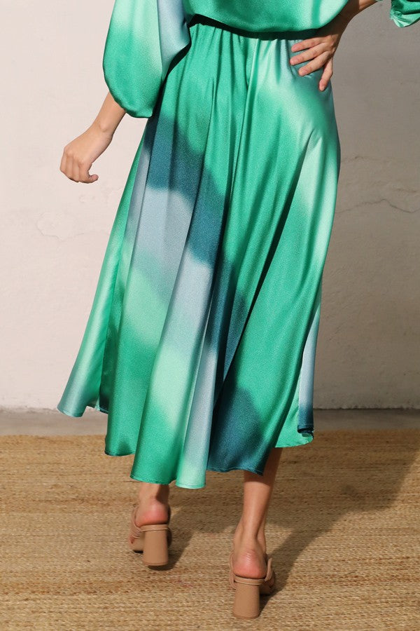 Main Character Ombre Satin Midi Swing Skirt - Green