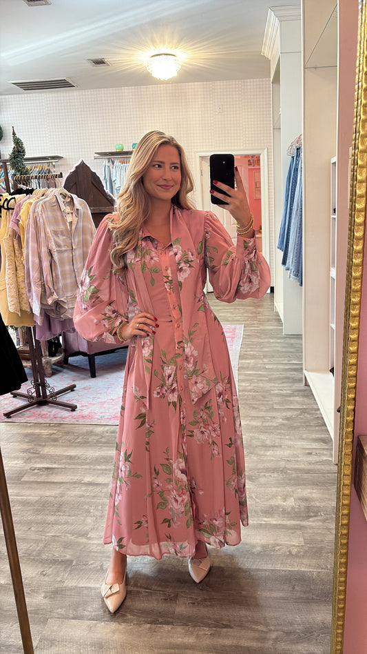 Classy Lady Floral Long Sleeve Midi Dress - Mauve