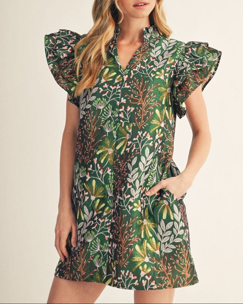 Planted In Faith Layer Sleeves Floral Leaf Jacquard Dress - Green