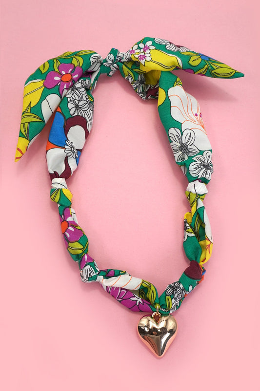 Heart Charm Handmade Scarf Necklace - Green Multi