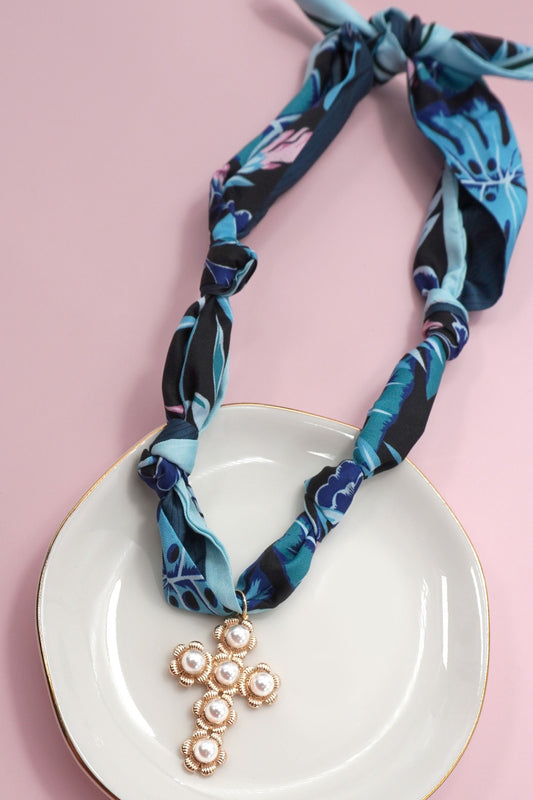 Cross Charm Handmade Scarf Necklace - Blue
