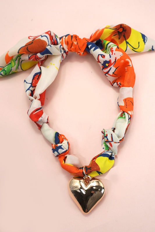 Heart Charm Handmade Scarf Necklace - Orange Multi