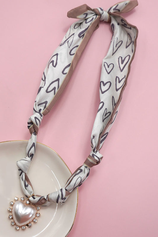 Heart Charm Handmade Scarf Necklace - White Multi
