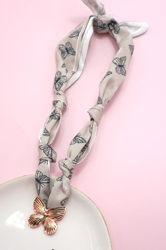 Butterfly Charm Handmade Scarf Necklace - White