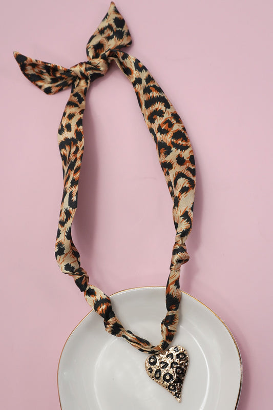 Heart Charm Handmade Scarf Necklace - Cheetah