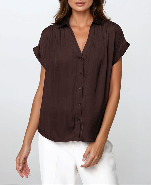 No Problem Button Up Short Sleeve Blouse - Chocolate