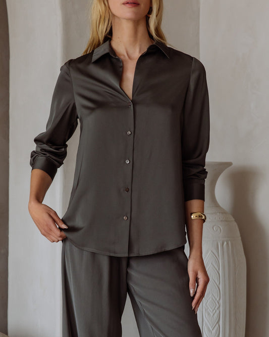 Best Selling Long Sleeve Satin Top - Dark Olive