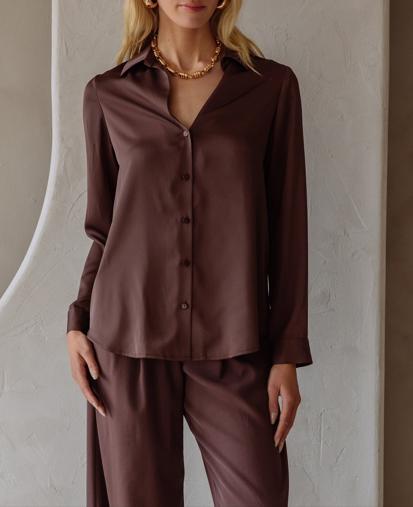 Best Selling Long Sleeve Satin Top - Espresso