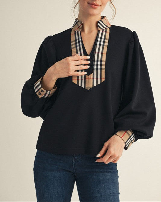 Take Flight Plaid Contrast Top - Black