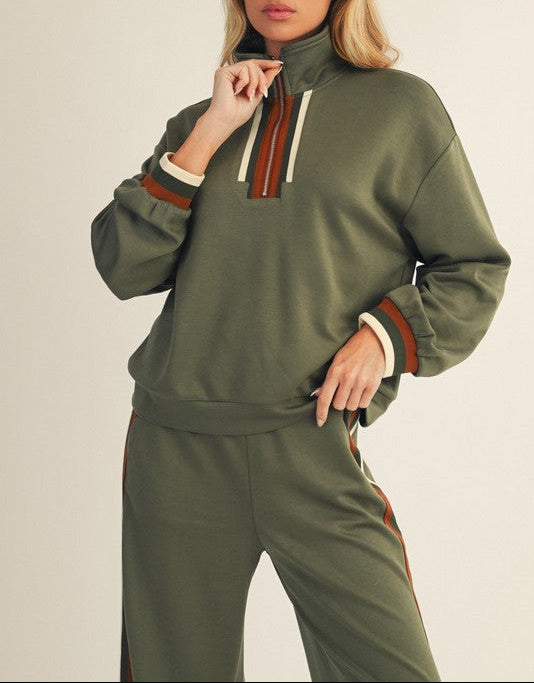 First Place Striped Trim Front Zip Sweatshirt - Olive