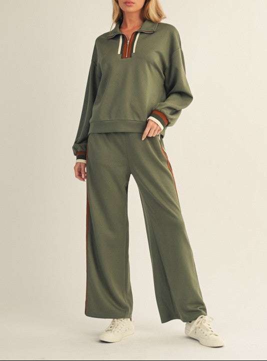 First Place Stripe Trimmed Elastic Waist Pant - Olive
