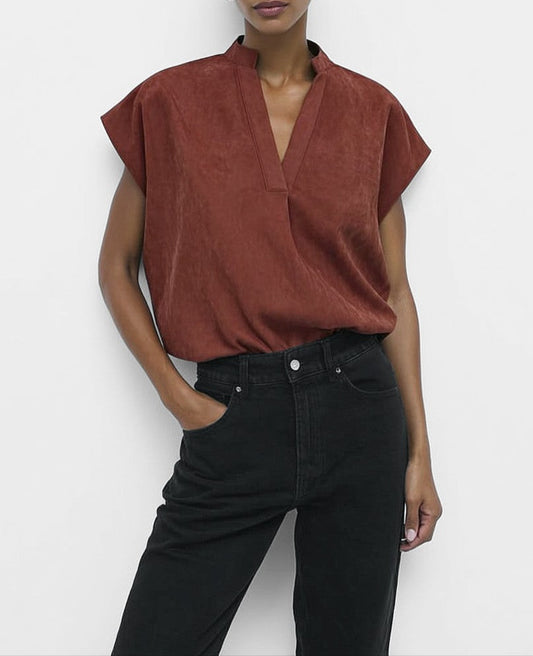 Keep It Casual V-Neck Drop Shoulder Blouse - Deep Rust