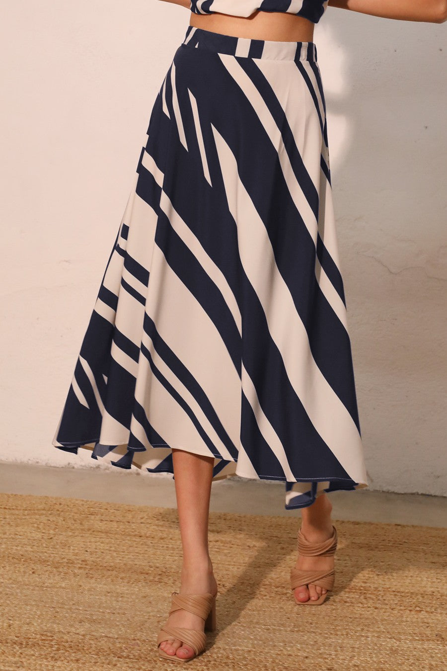 Siena Stripe Midi Swing Skirt - Navy
