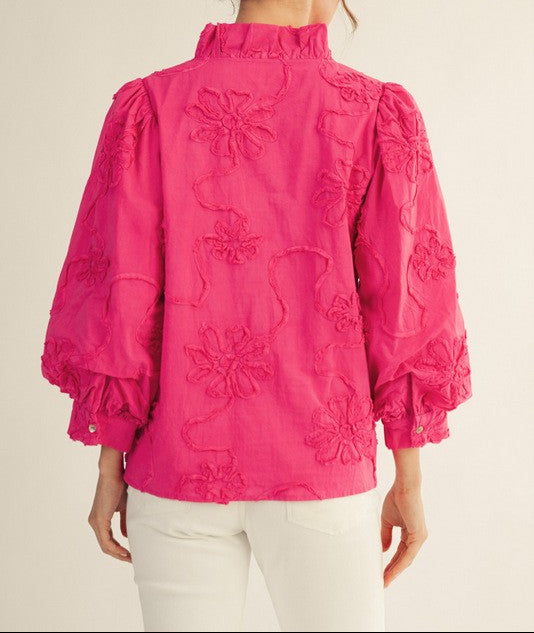 Southern Charm Button Down 3D Floral Top - Bubble Gum