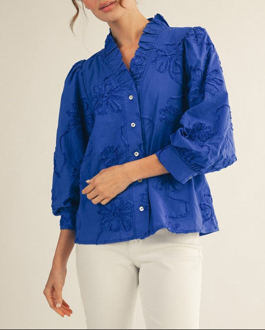 Southern Charm Button Down 3D Floral Top - Royal