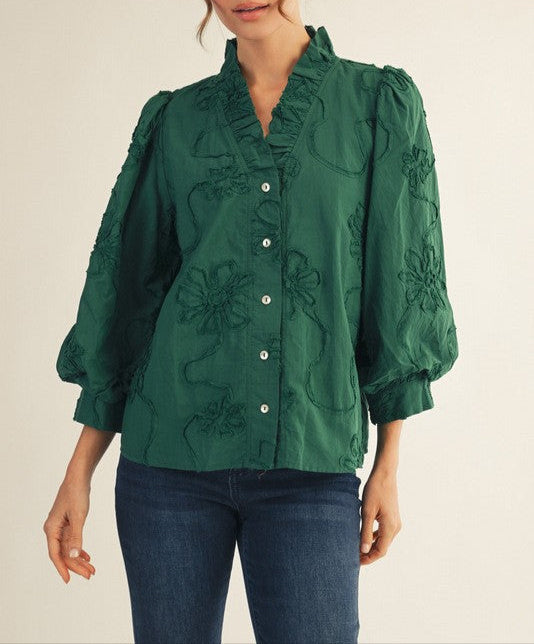 Seasons Change Button Down 3D Floral Top - Hunter Green