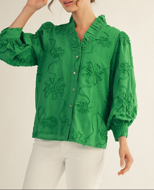 Southern Charm Button Down 3D Floral Top - Kelly Green