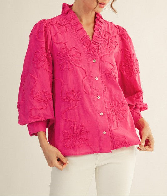 Southern Charm Button Down 3D Floral Top - Bubble Gum