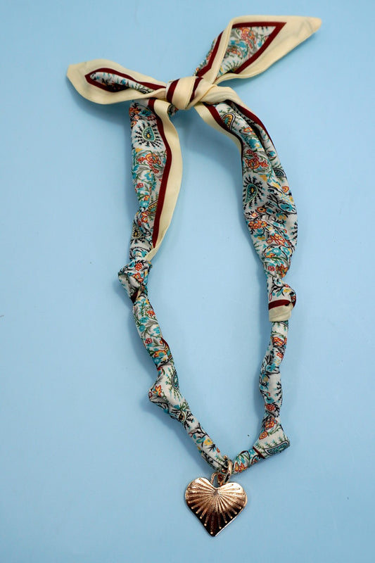 Textured Heart Charm Scarf Necklace - Paisley Multi