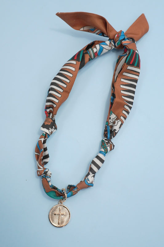 Coin Cross Charm Scarf Necklace - Brown Multi