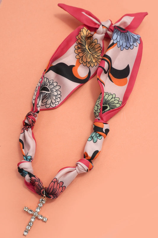 Large Cross Charm Scarf Necklace - Coral Multi