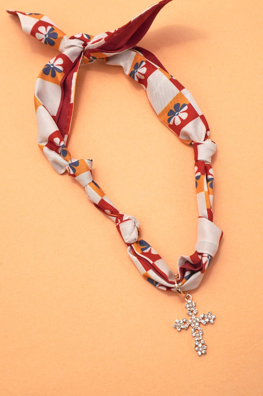 Flower Cross Charm Scarf Necklace - Brick Multi