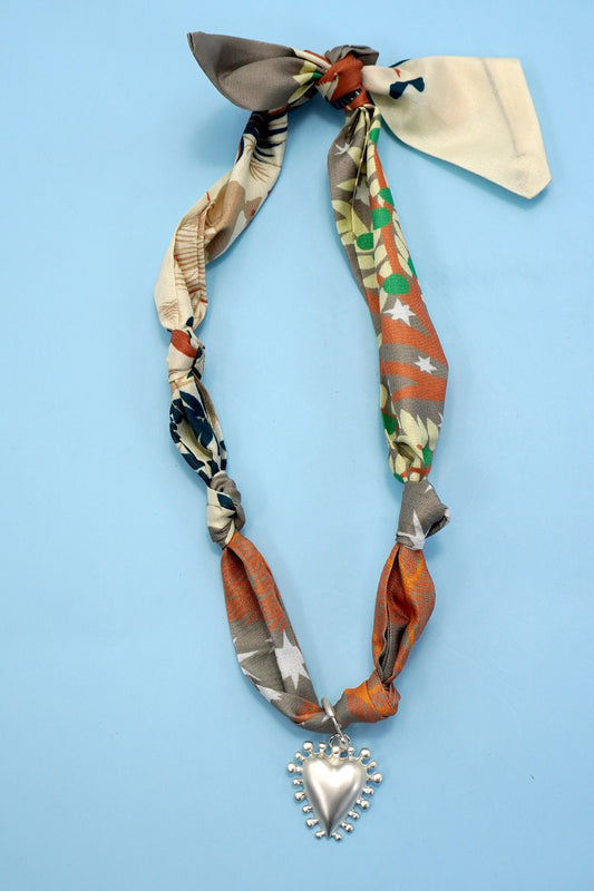 Silver Heart Charm Scarf Necklace - Neutral Multi