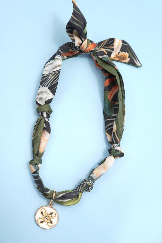 Coin Flower Charm Scarf Necklace - Olive Multi