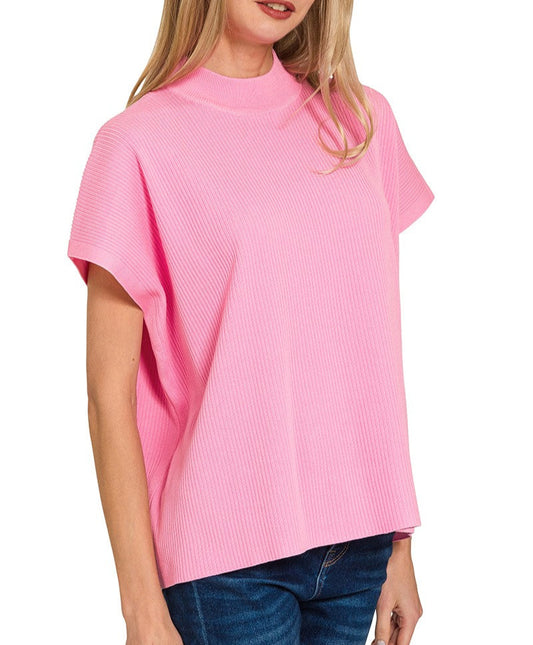 On To Something Mock Neck Short Sleeve Boxy Sweater - Candy Pink