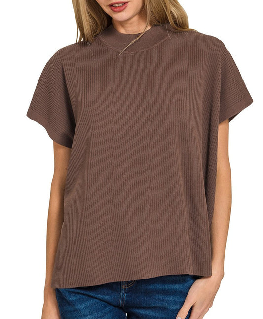 On To Something Mock Neck Short Sleeve Boxy Sweater - Brown