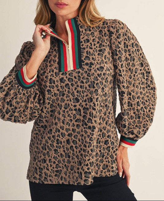 Power Move Zip Up Textured Leopard Top - Brown