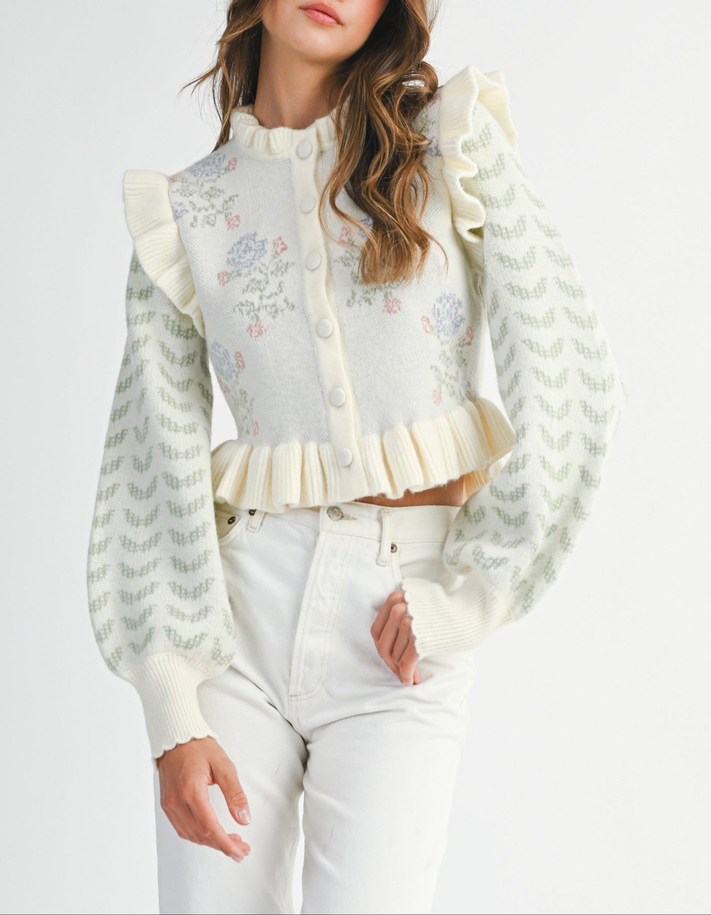 Sweet As Sugar Floral Print Ruffle Cardigan - Cream