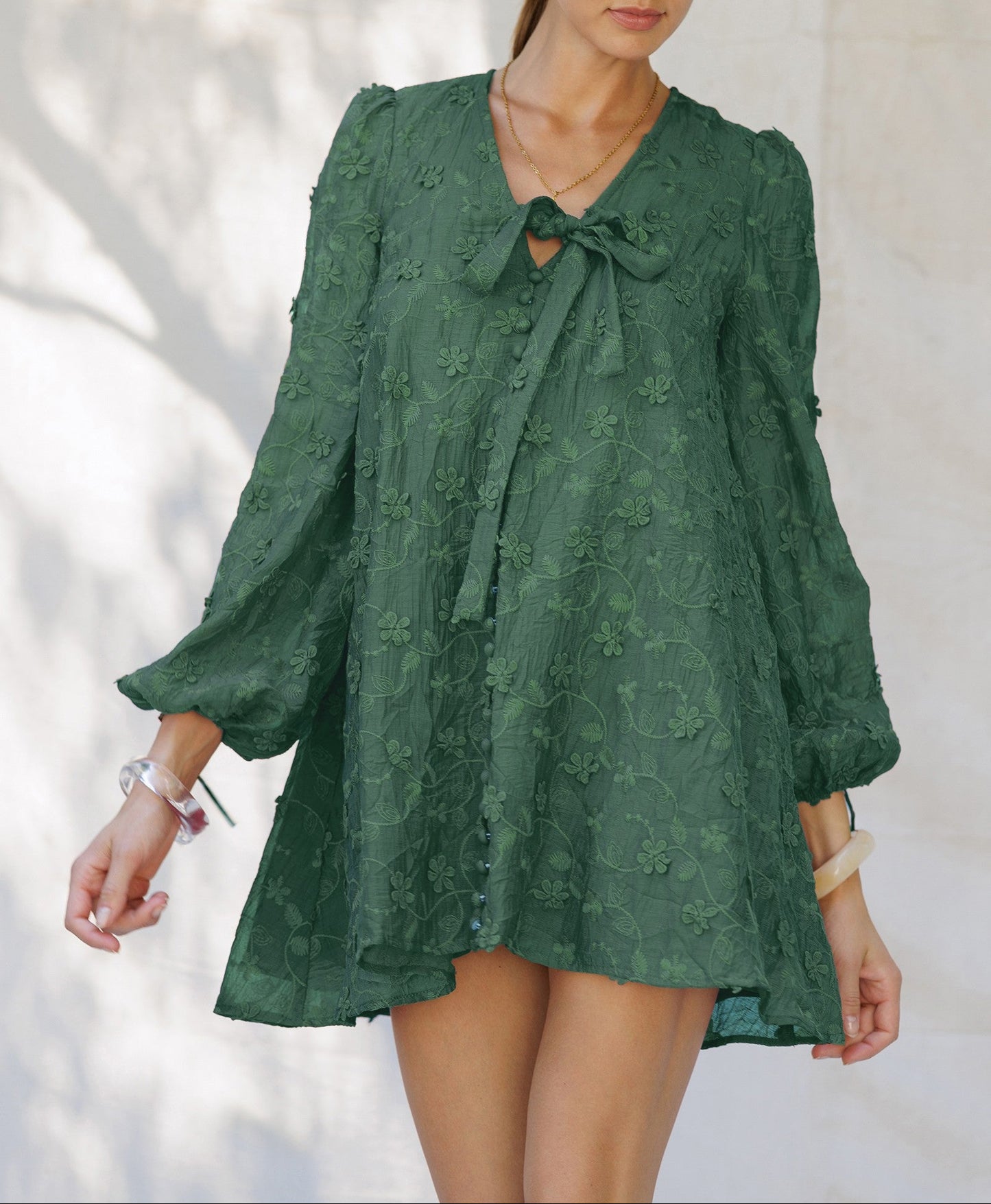 Floral Blooms Embroidered Bow Dress - Forrest Green